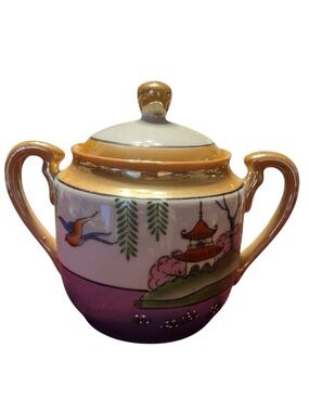 Japanese 1920s Variant Gaudy Blue Willow Pattern Lusterware Sugar and Creamer